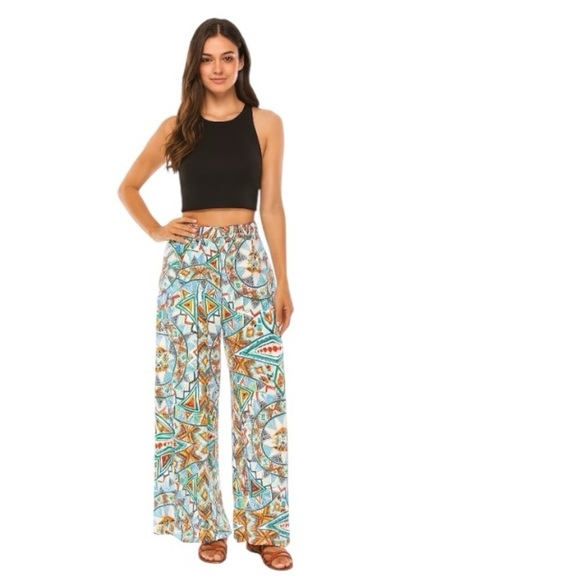 Always Pants - Always Multicolor Geometric Pattern Pull On High Rise Boho Wide Leg Pants Size L